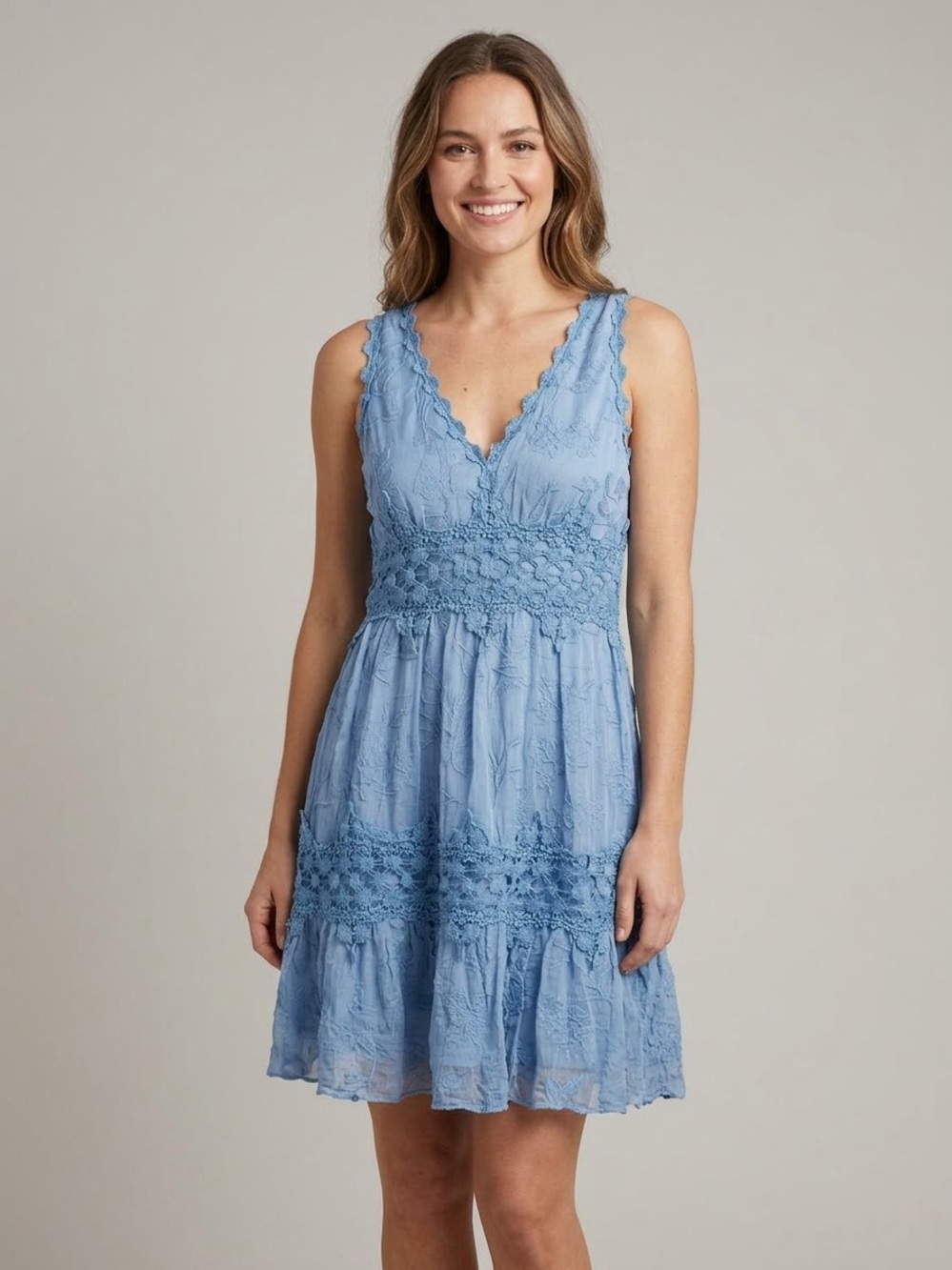 Ranna Gill V-Neck Lace-Trim Mini Dress in Light Blue. Size Small